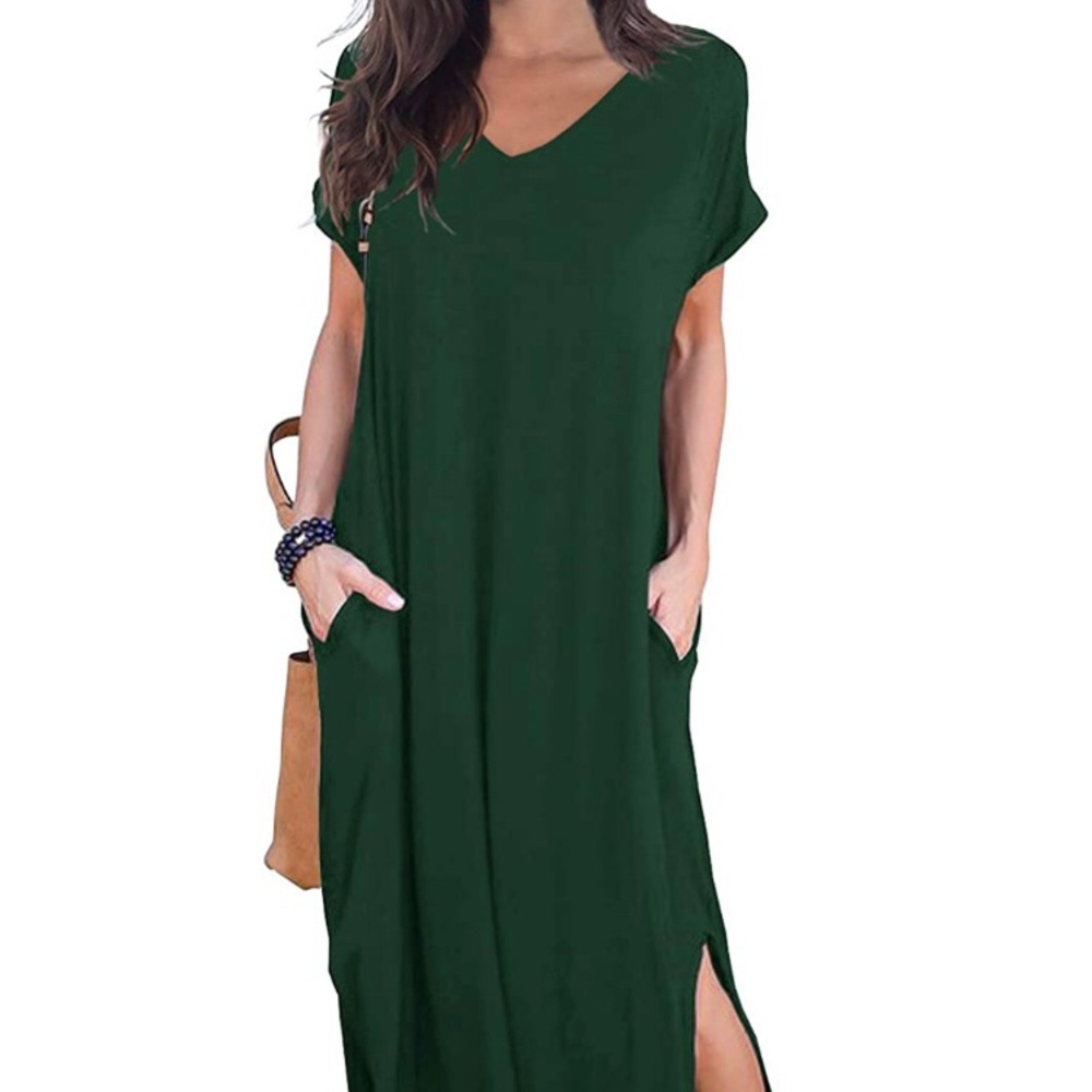 GRECERELLE Long Dress Short Sleeve Maxi DressGreen